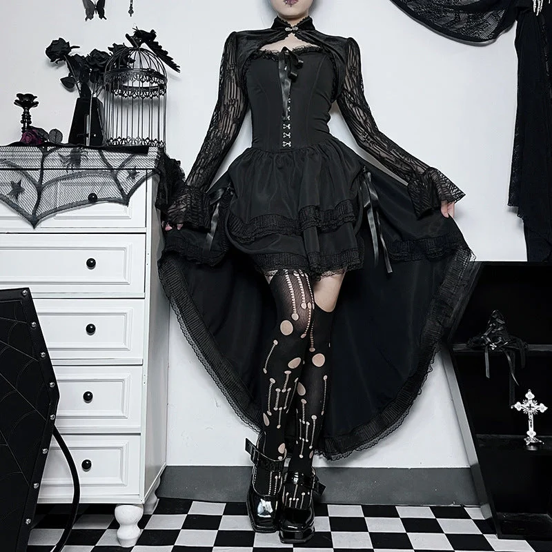 Gothic Dark Style Elegant Sexy Slim Fit Strapless Cascading Waist Cinch Dress Tunics Versatile all-occasion