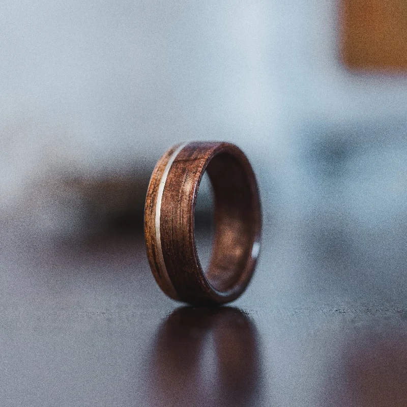 Grab Exquisite Jewelry At The Lowest Prices (In-Stock) Antique Walnut Wooden Ring, Offset Sterling Silver, & Chestnut Edge - Size 9.75 | 8mm Wide