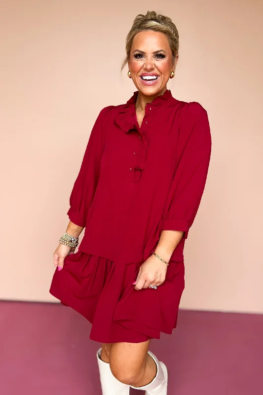 Scarlet Ruffle Neck Drop Waist Dress Tunics Satin smooth