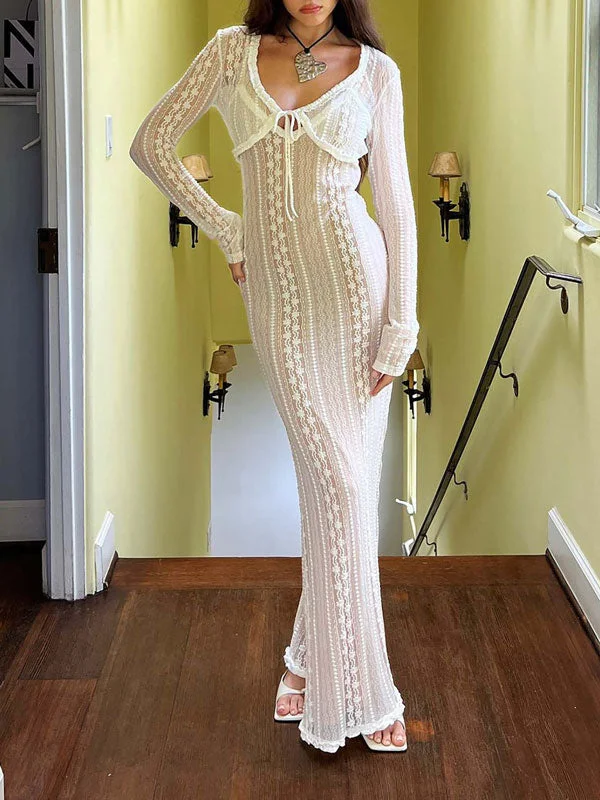 2Pcs Lace V Neck Split Long Dress Tunics Long Elegant