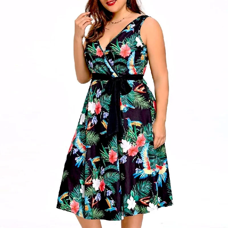 ANALUKE Plus Size Hawaiian Leaf Long Dress Tunics Winter warm