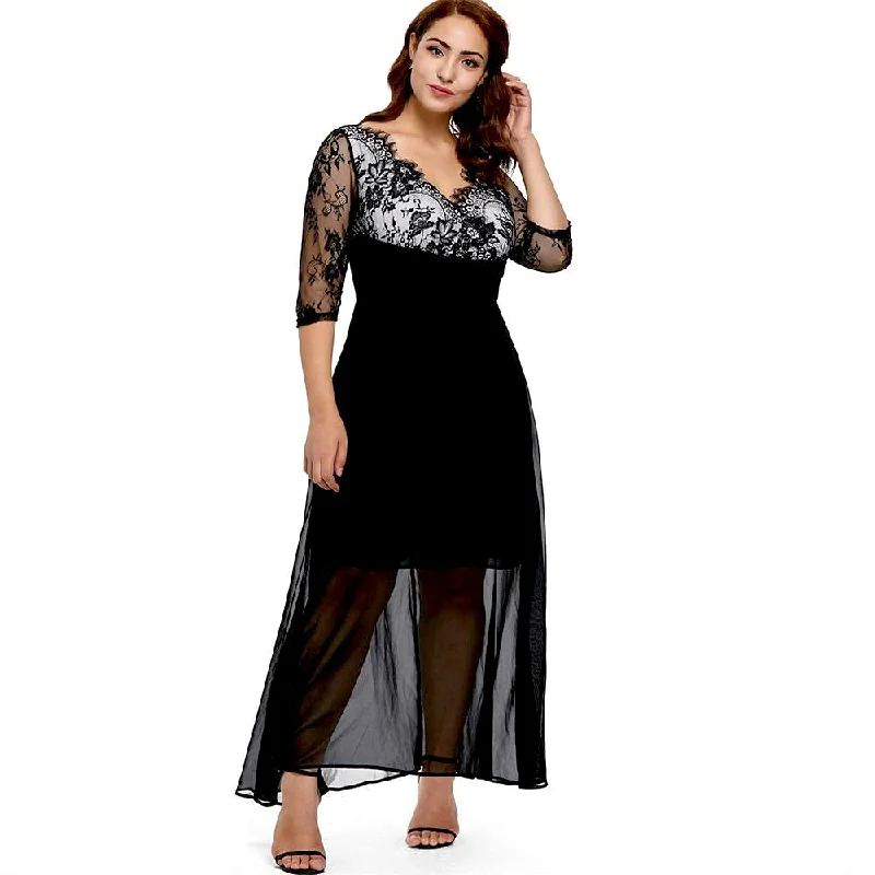 ANALUKE Scalloped Surplice Elegant Long Dress Tunics Modern contemporary