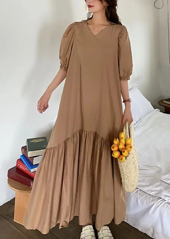 Art Khaki V Neck Patchwork Wrinkled Cotton Long Dress Puff Sleeve Tunics Bridal satin