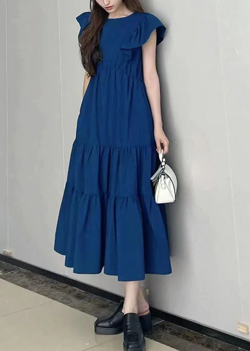Art Navy Slim Fit Patchwork Wrinkled Cotton Long Dress Petal Sleeve Tunics Stylish elegant