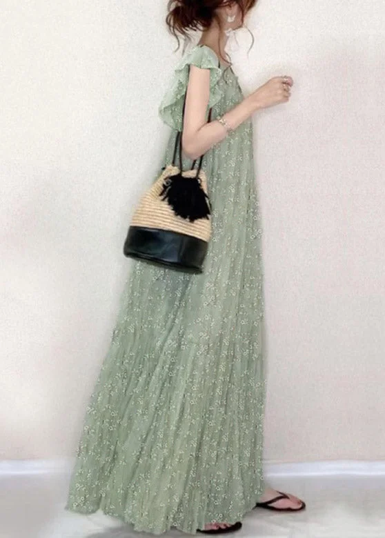 Beautiful Green O-Neck Ruffled Print Holiday Long Dress Summer Tunics Essential wardrobe