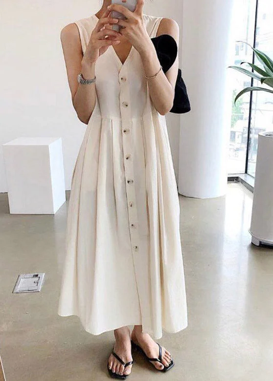 Boutique Apricot V Neck Button Cotton Long Dresses Summer Tunics Brand named