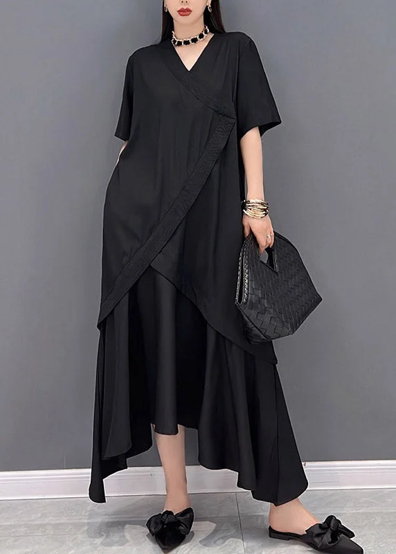 Boutique Black V Neck Asymmetrical Patchwork Long Dress Short Sleeve Elegant Long Evening