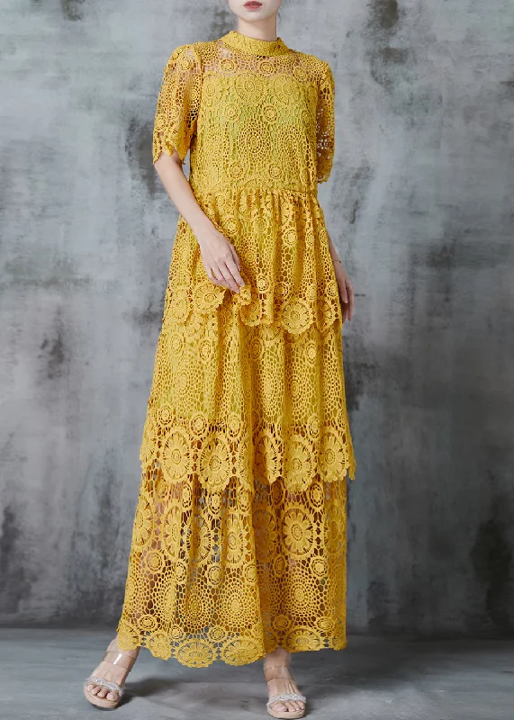 Boutique Yellow Hollow Out Lace Long Dress Summer Tunics Versatile functional