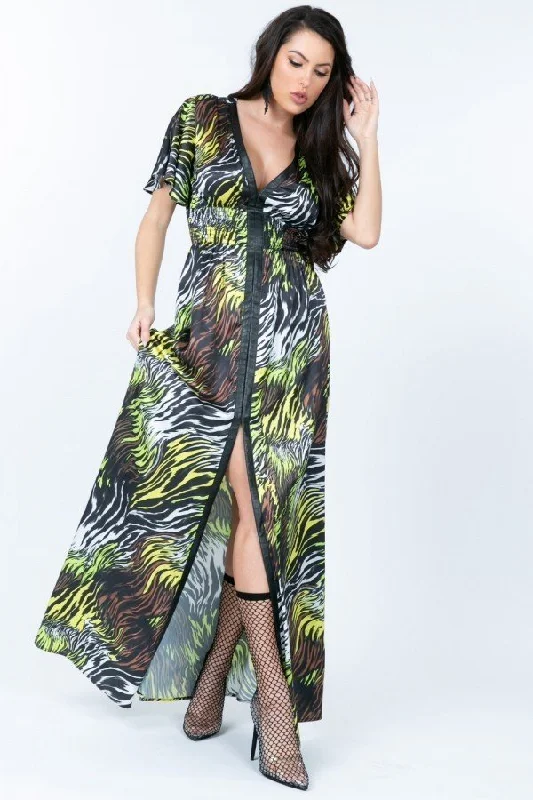 Deep V Neck Slit Zebra Print Long Dress Tunics Prom sequined