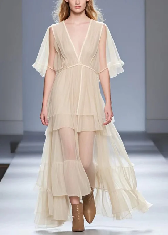 Casual Apricot V Neck Exra Large Hem Silk Long Dress Summer Tunics Wedding white