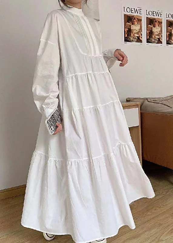 Casual Khaki Hign Neck Patchwork Wrinkled Cotton Long Dress Spring Tunics Fall fleece