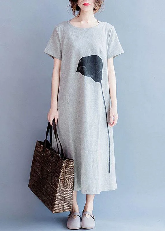 Chic o neck cotton summer Tunics gray print long Dresses Tunics Favorite customer
