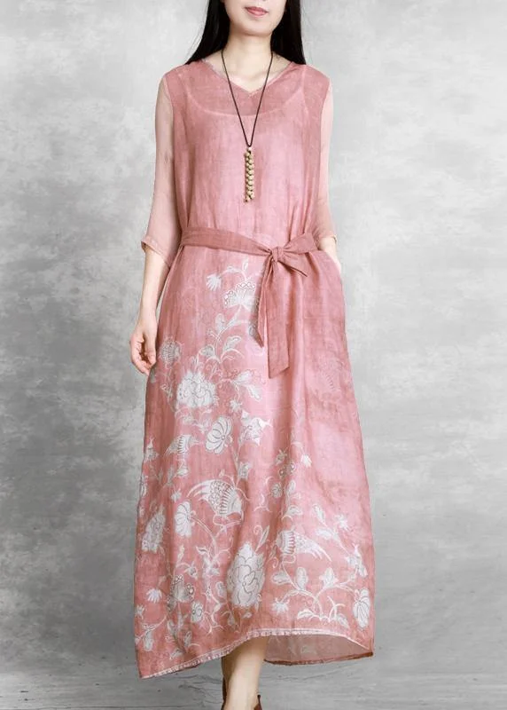 Chic v neck tie waist Wardrobes Catwalk pink print Dress Tunics Wedding white