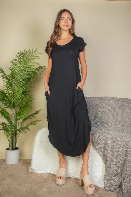 Hidden Pocket Batwing Sleeve V Neck Long Dress Tunics Top rated