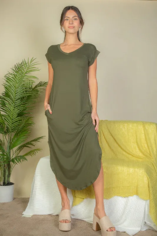 Hidden Pocket Batwing Sleeve V Neck Long Dress Tunics Exclusive limited