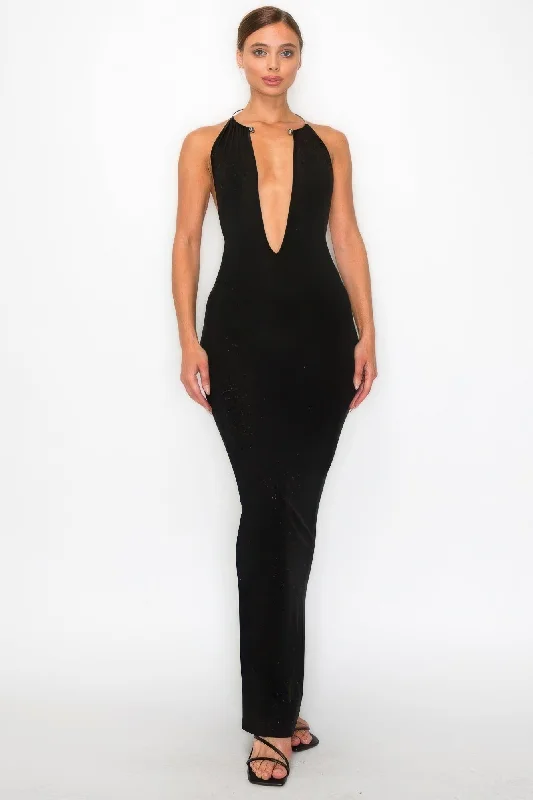 Halter Necklace Trim Long Dress Tunics Luxurious premium