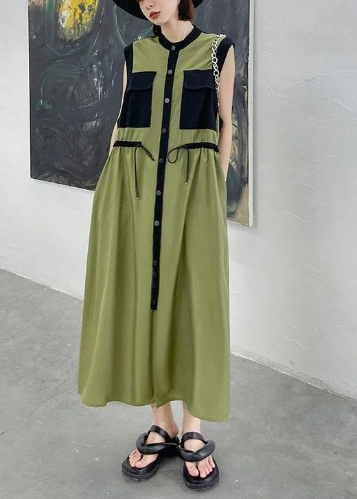 Comfy Army Green Patchwork Button Tie Waist Summer Long Dress Cowl Neckline Elegant