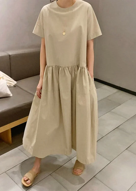 DIY Khaki O-Neck Wrinkled Patchwork Solid Cotton Long Dresses Short Sleeve Tunics Sale discount DIY Khaki O-Neck Wrinkled Patchwork Solid Cotton Long Dresses Short Sleeve Tunics Sale discount