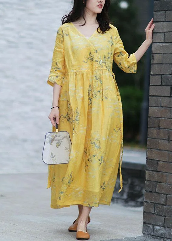 DIY v neck tie waist linen summer dresses Work yellow print Dresses Tunics Spring floral