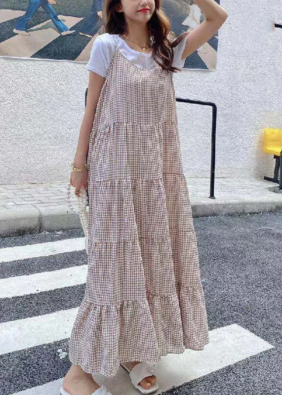Elegant Khaki Slash Neck Plaid T Shirts And Long Dress Two Pieces Set Summer Tunics Winter warm Elegant Khaki Slash Neck Plaid T Shirts And Long Dress Two Pieces Set Summer Tunics Winter warm