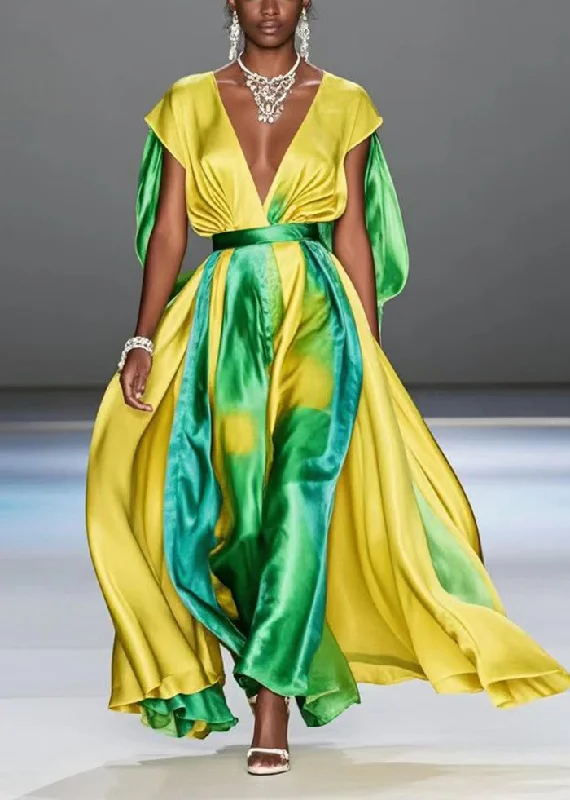 Elegant Yellow Cinched Tie Dye Silk Long Dresses Summer Tunics Business professional
