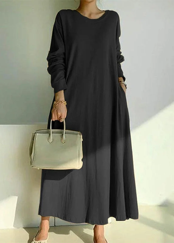 Handmade Black O Neck Patchwork Cotton Long Dress Spring Tunics Ceremony elegant