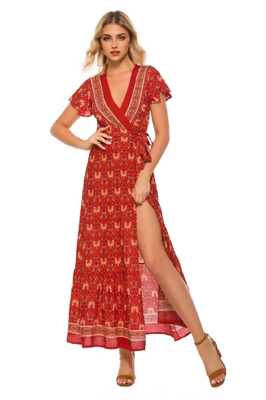JuliaFashion-Boho Chic Summer Wrap Long Dress Tunics Prom sequined