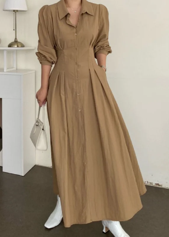 Organic Khaki Peter Pan Collar Wrinkled Patchwork Cotton Long Dresses Spring Tunics Hiking breathable