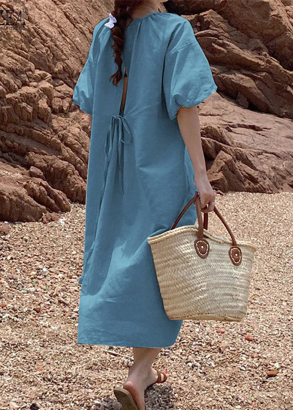 Plus Size Blue O-Neck Patchwork Tie Waist Long Dress Short Sleeve Tunics Seasonal trendy