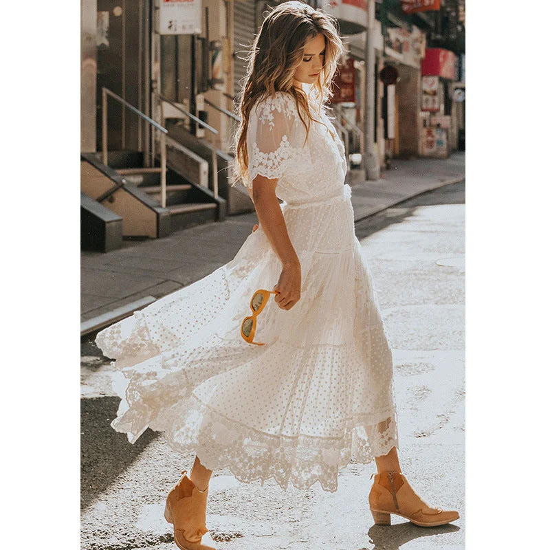 BerriesJam - Semi See Through White Lace Long Dress Tunics Trendy modern