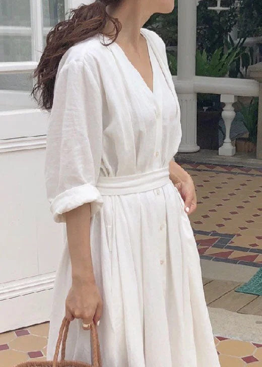 Simple White V Neck Tie Waist Patchwork Cotton Dress Spring Tunics Luxurious high-end