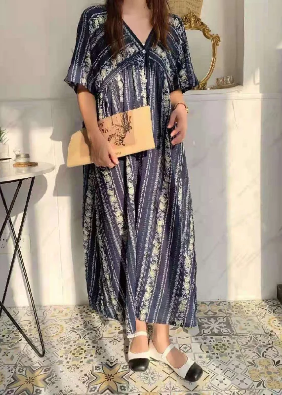 Vintage Blue V Neck Print Cotton Long Dresses Short Sleeve Tunics Timeless classic