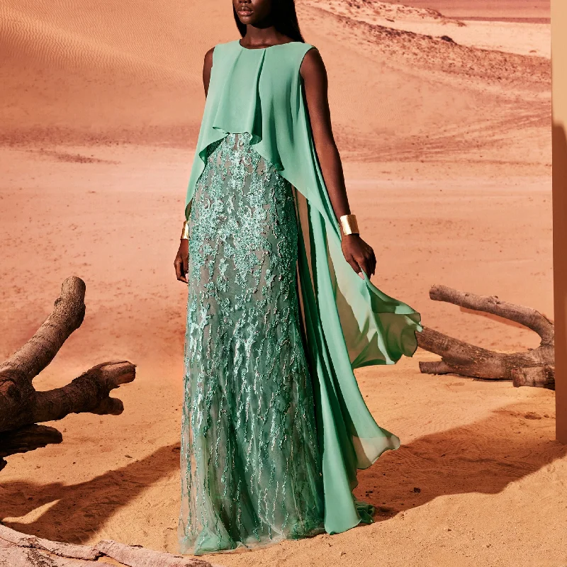 Water Green Tulle Dress With Cape Tunics Solid Classic