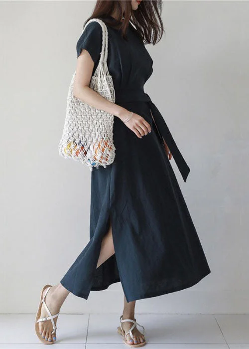 Women Navy O Neck Patchwork Side Open Tie Waist Cotton Dresses Summer Tunics Chic fashionable Women Navy O Neck Patchwork Side Open Tie Waist Cotton Dresses Summer Tunics Chic fashionable