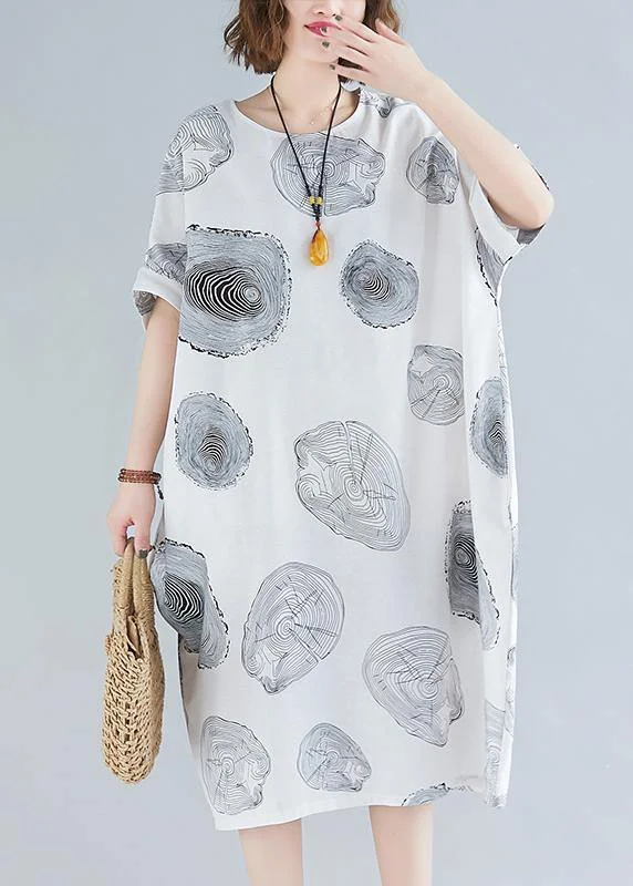 Women o neck baggy Cotton summer clothes linen white print Dresses Tunics Versatile stylish