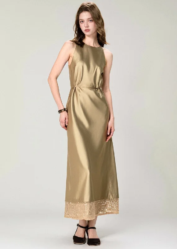 2024 New Gold Print Patchwork Silk Long Dress Summer A-Line Day Work