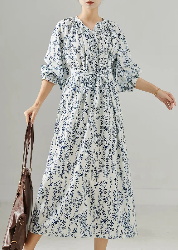 Fine White Tie Waist Print Chiffon Tea Dress Fall Boat Neckline Classic