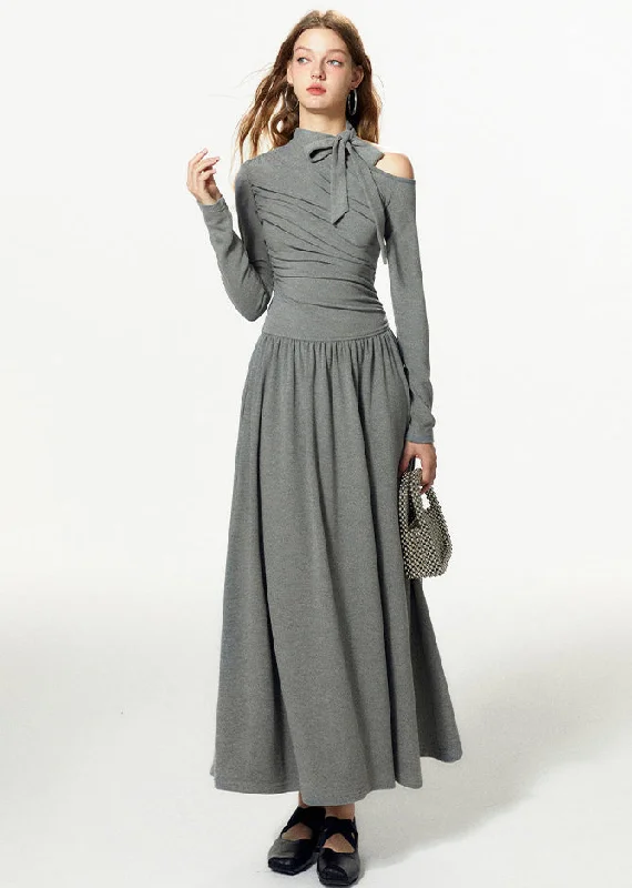 French Grey Cold Shoulder Bow Cotton Long Dress Fall Boatneck Modish Everyday