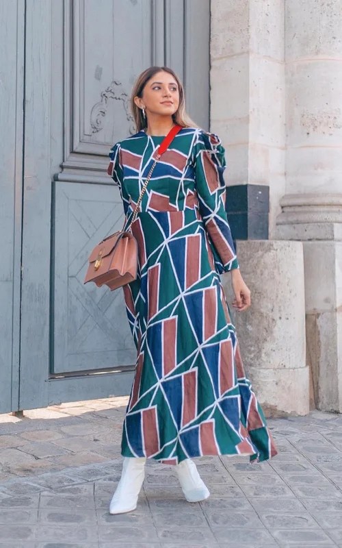 Geometric Printed Long Dress With Back Detailing Tunics Review highly