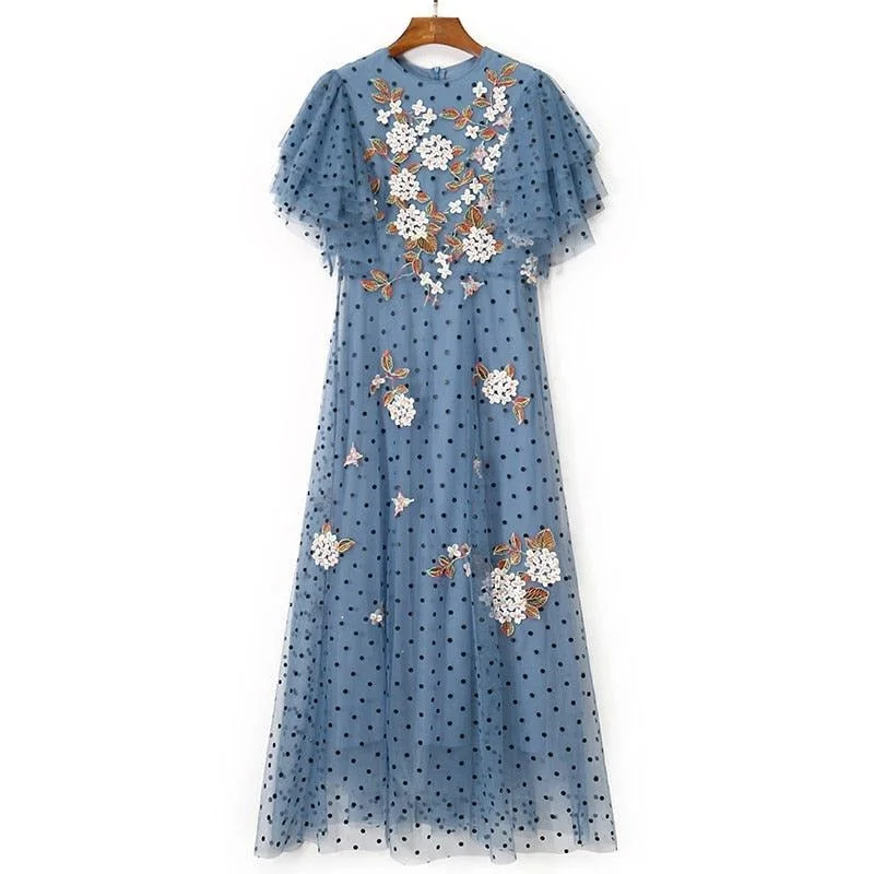 Summer Vintage Butterfly Sleeve Embroidered Polkadot Blue Mesh Long Dress Tunics Fashionable trendy