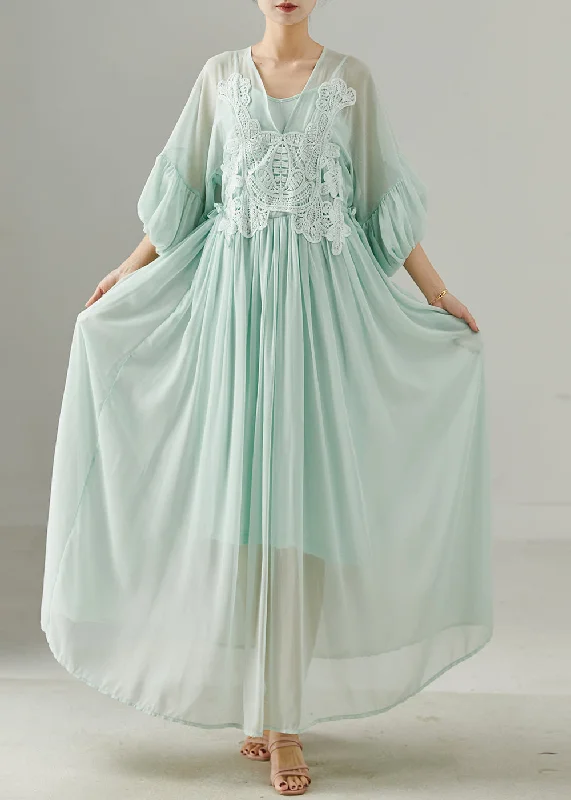 Women Green V Neck Patchwork Chiffon Long Dress Summer Square Neckline Feminine