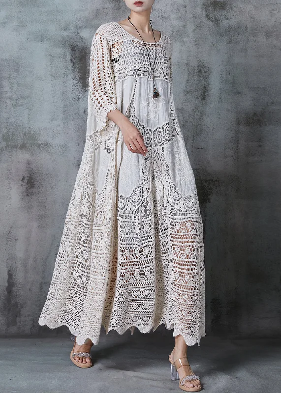 Women White Oversized Hollow Out Lace Long Dress Summer Tunics Trendy modern
