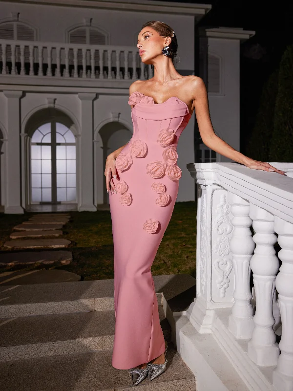 Arushi Strapless Flower Bandage Dress In Pink