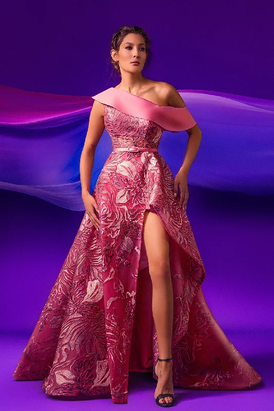 Asymmetric neckline silk thread embroidered gown