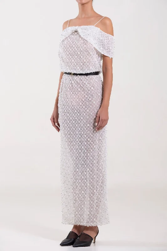 Blouson top belted beaded dress