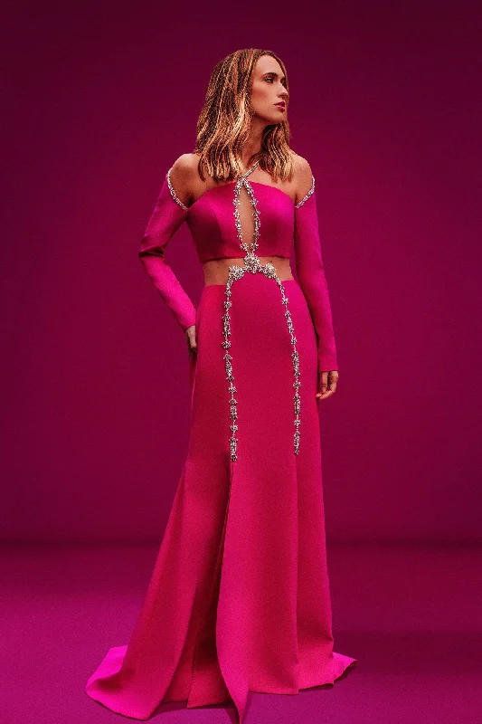 Cut out bodice hand beaded crepe dress