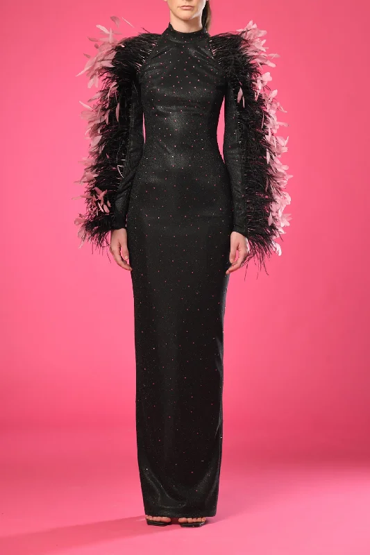 Dots beaded column silhouette dress featuring feather on sleeves
