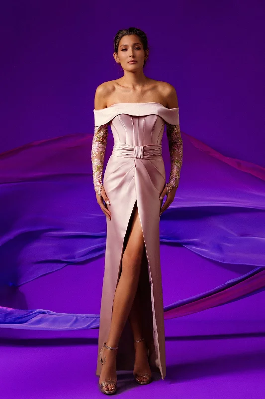 Embroidered off sleeves corseted bodice front slit dress