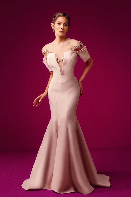 Plunging swarovski beaded neckline crepe dress