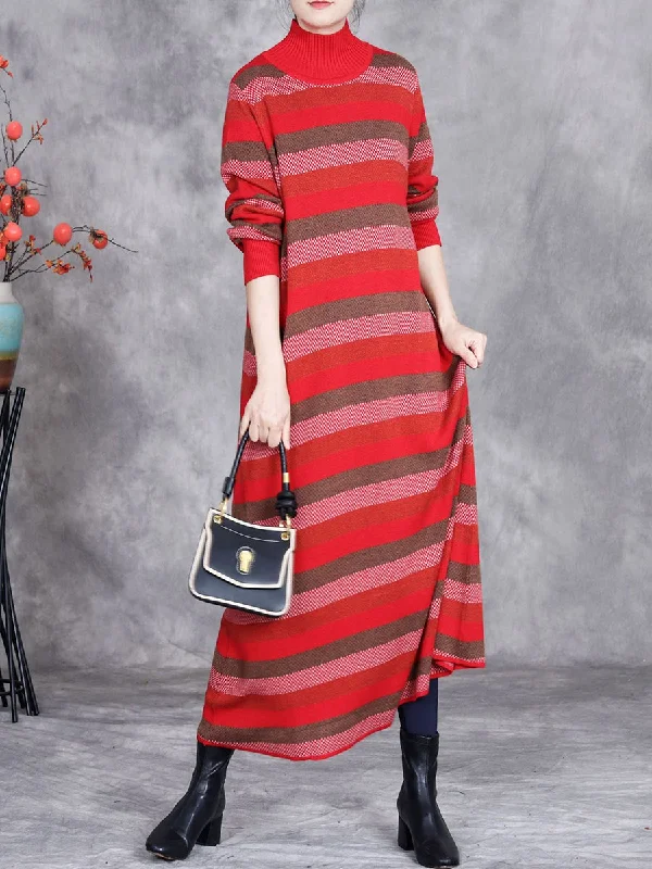 Women Autumn Artsy Stripe Turtleneck Knit Dress